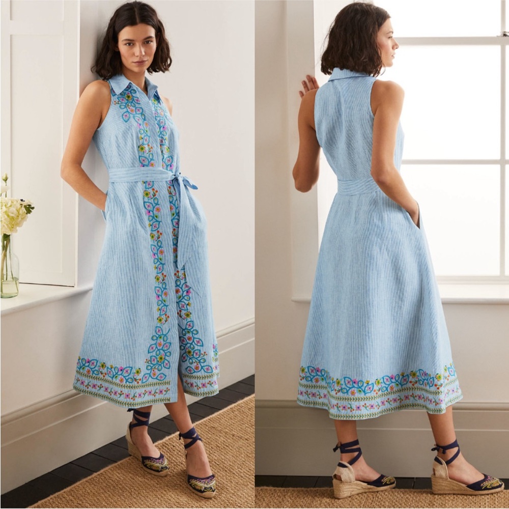 Boden Dress Womens 16/18 Long Blue Midi Linen Floral Embroidered Striped Shirt